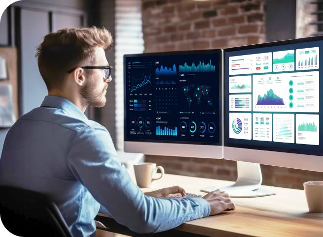 Professional analysing smart building metrics on an AI-powered analytics dashboard, displaying data for occupancy, space management, and smart sensor