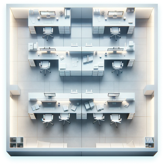 Top-down view of an agile workspace with smart building design, showcasing hot desking areas, space planning for collaboration, and potential occupancy sensor placement for smart space management